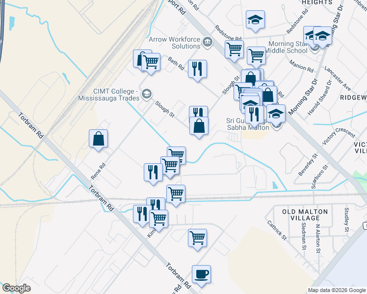 map of restaurants, bars, coffee shops, grocery stores, and more near 2740 Slough Street in Mississauga