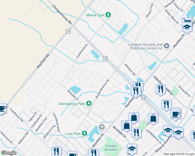 map of restaurants, bars, coffee shops, grocery stores, and more near 17 Henry Moody Drive in Brampton