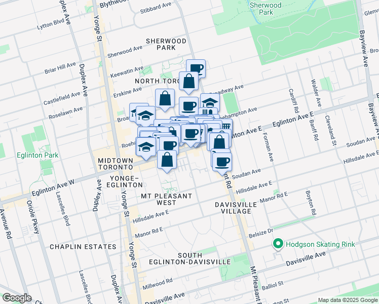 map of restaurants, bars, coffee shops, grocery stores, and more near 161 Eglinton Avenue East in Toronto