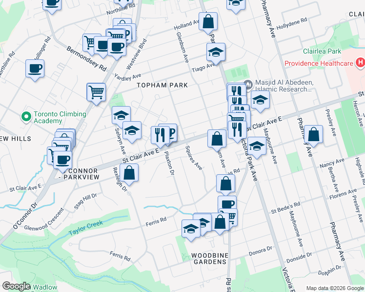 map of restaurants, bars, coffee shops, grocery stores, and more near 2905 Saint Clair Avenue East in Toronto