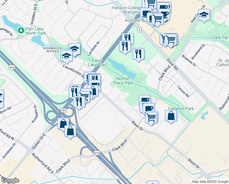 map of restaurants, bars, coffee shops, grocery stores, and more near 101 West Drive in Brampton