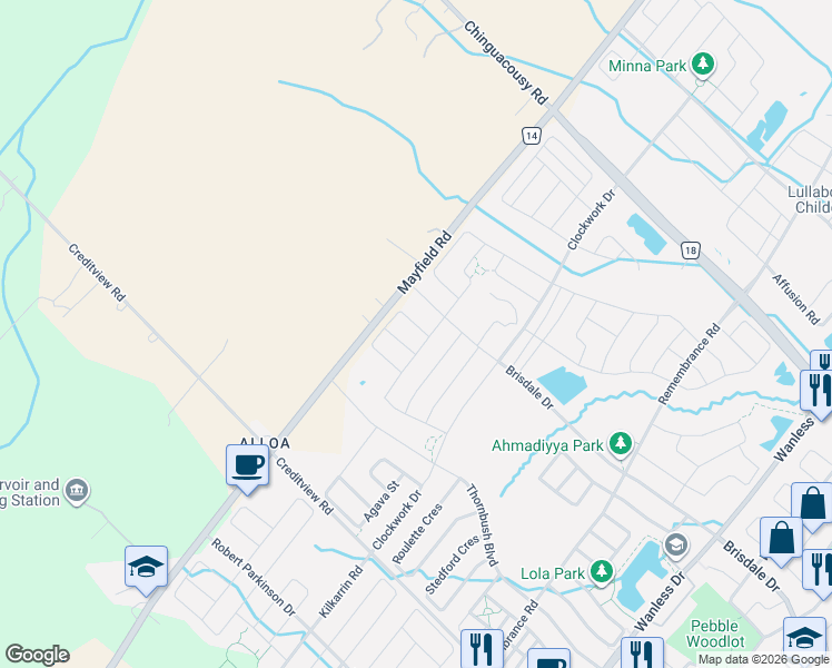 map of restaurants, bars, coffee shops, grocery stores, and more near 1615 Mayfield Road in Caledon