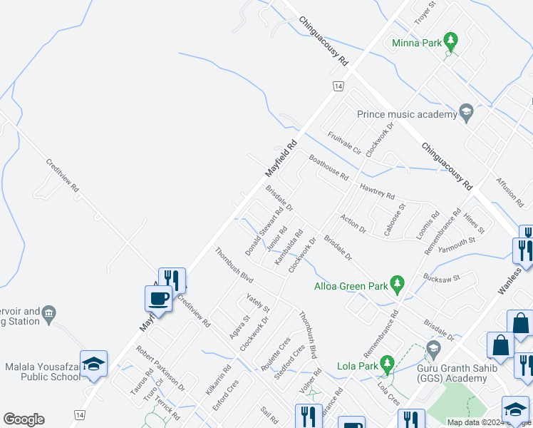 map of restaurants, bars, coffee shops, grocery stores, and more near 1615 Mayfield Road in Caledon