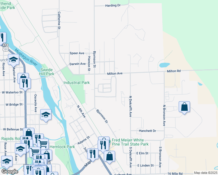map of restaurants, bars, coffee shops, grocery stores, and more near 1600-1698 Milton Avenue in Big Rapids