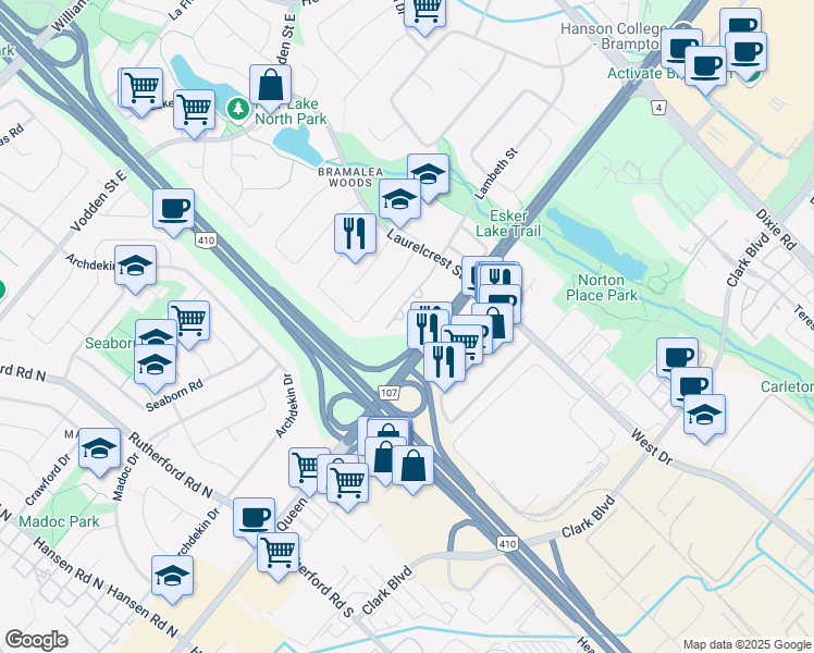 map of restaurants, bars, coffee shops, grocery stores, and more near 12 Laurelcrest Street in Brampton