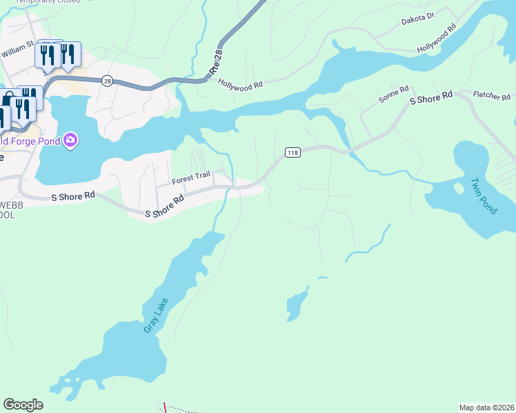 map of restaurants, bars, coffee shops, grocery stores, and more near 316 South Shores Acres Road in Old Forge