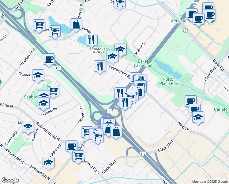 map of restaurants, bars, coffee shops, grocery stores, and more near 12 Laurelcrest Street in Brampton