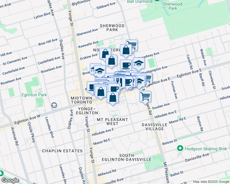 map of restaurants, bars, coffee shops, grocery stores, and more near 150 Eglinton Avenue East in Toronto