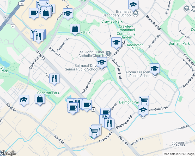 map of restaurants, bars, coffee shops, grocery stores, and more near 151 Balmoral Drive in Brampton