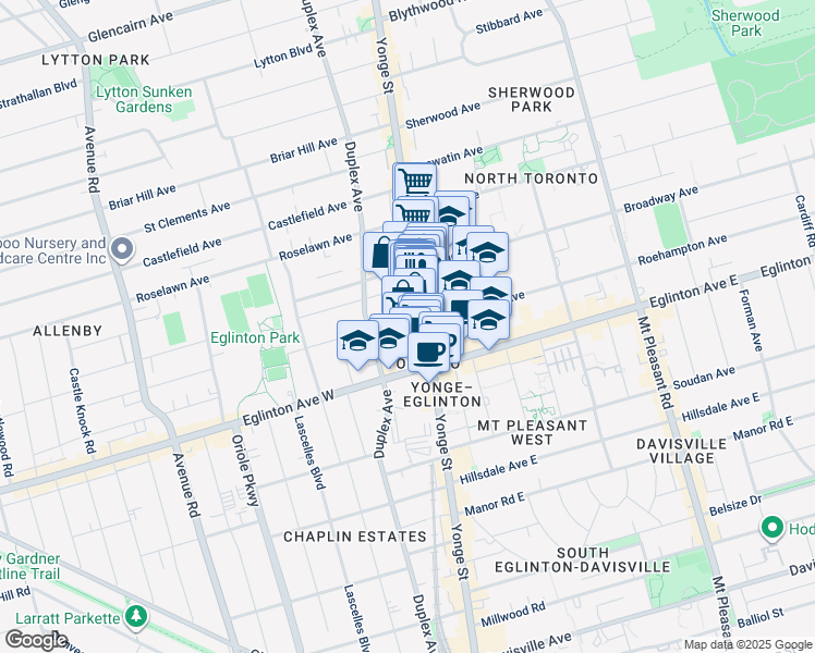 map of restaurants, bars, coffee shops, grocery stores, and more near 33 Orchard View Boulevard in Toronto