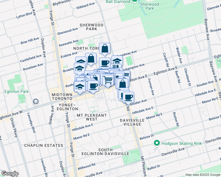 map of restaurants, bars, coffee shops, grocery stores, and more near 191 Eglinton Avenue East in Toronto