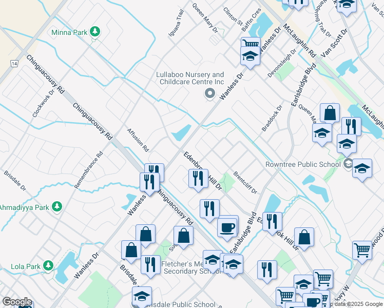 map of restaurants, bars, coffee shops, grocery stores, and more near 15 Mistycreek Crescent in Brampton