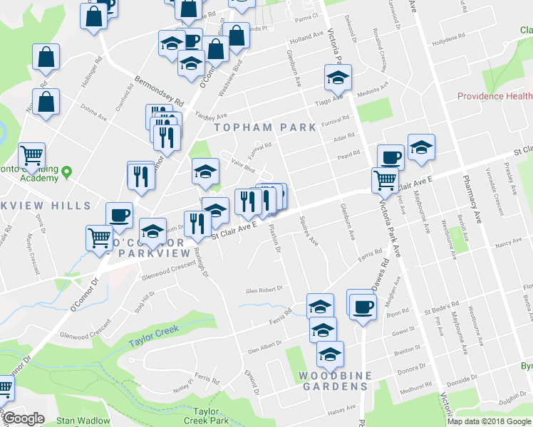 map of restaurants, bars, coffee shops, grocery stores, and more near in Toronto