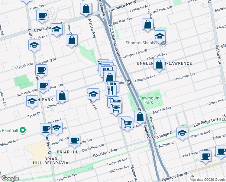 map of restaurants, bars, coffee shops, grocery stores, and more near in Toronto