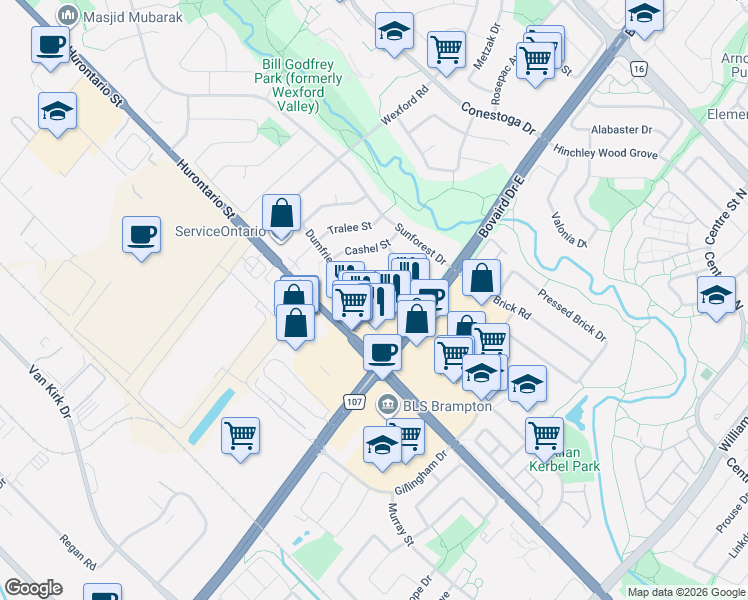 map of restaurants, bars, coffee shops, grocery stores, and more near 38 Langholm Court in Brampton
