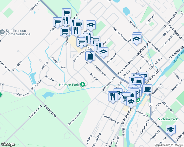 map of restaurants, bars, coffee shops, grocery stores, and more near 645 Perry Street in Fergus