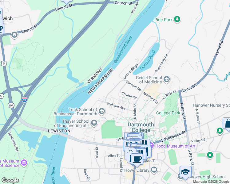 map of restaurants, bars, coffee shops, grocery stores, and more near 5 Occom Ridge in Hanover