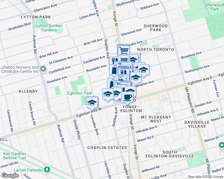 map of restaurants, bars, coffee shops, grocery stores, and more near 58 Orchard View Boulevard in Toronto