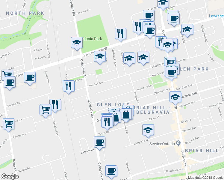 map of restaurants, bars, coffee shops, grocery stores, and more near 95 Glen Long Avenue in Toronto