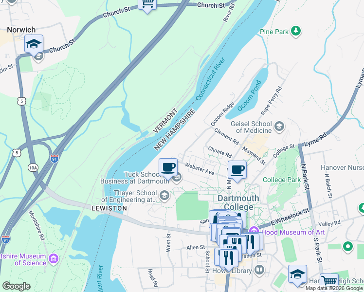 map of restaurants, bars, coffee shops, grocery stores, and more near 5 Occom Ridge in Hanover