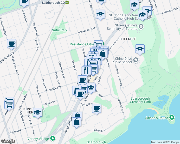 map of restaurants, bars, coffee shops, grocery stores, and more near 2382 Kingston Road in Toronto