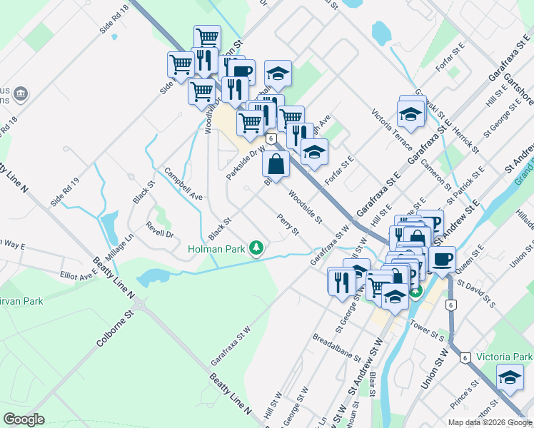 map of restaurants, bars, coffee shops, grocery stores, and more near 660 Perry Street in Fergus