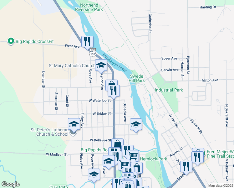 map of restaurants, bars, coffee shops, grocery stores, and more near 826 North State Street in Big Rapids
