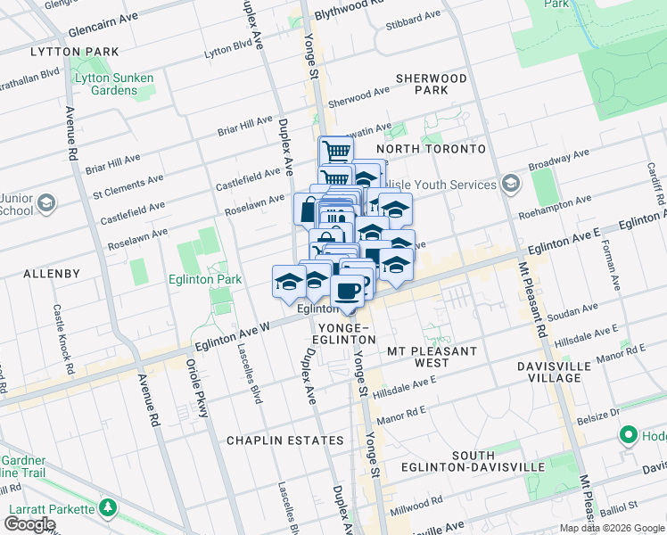map of restaurants, bars, coffee shops, grocery stores, and more near 33 Orchard View Boulevard in Toronto