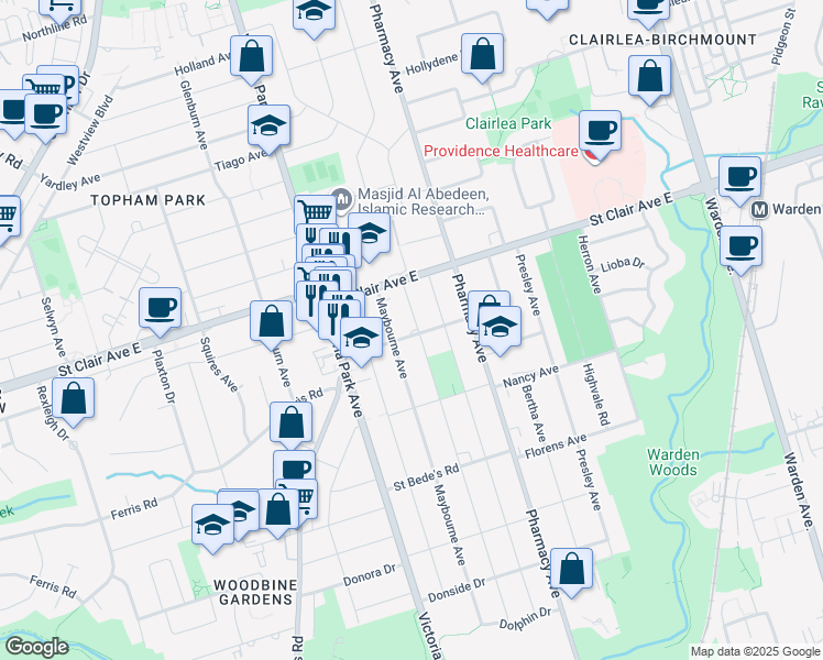 map of restaurants, bars, coffee shops, grocery stores, and more near in Toronto