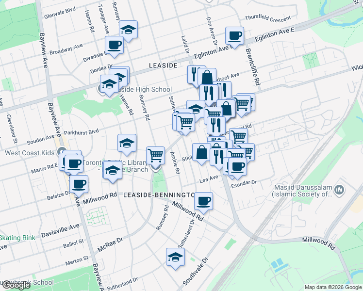 map of restaurants, bars, coffee shops, grocery stores, and more near in Toronto