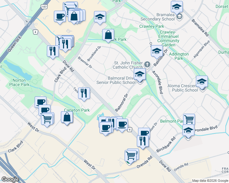 map of restaurants, bars, coffee shops, grocery stores, and more near 11 Beechwood Crescent in Brampton