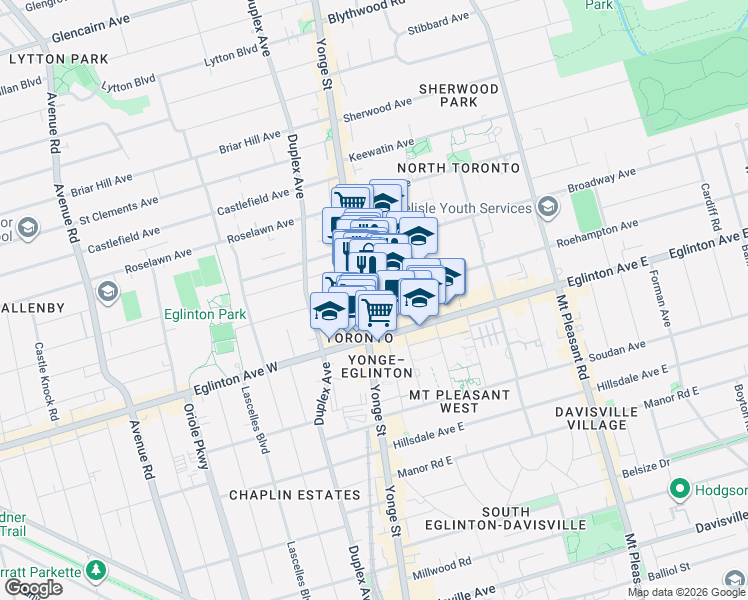 map of restaurants, bars, coffee shops, grocery stores, and more near 39 Roehampton Avenue in Toronto