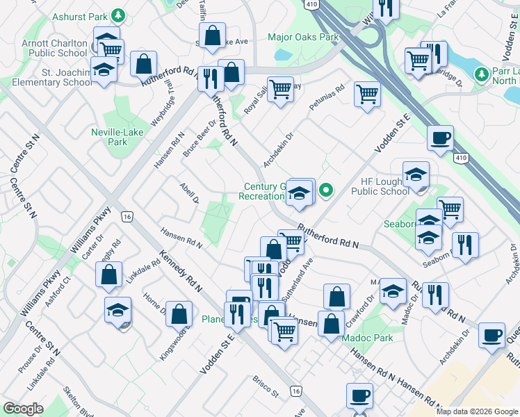 map of restaurants, bars, coffee shops, grocery stores, and more near 76 Charters Road in Brampton