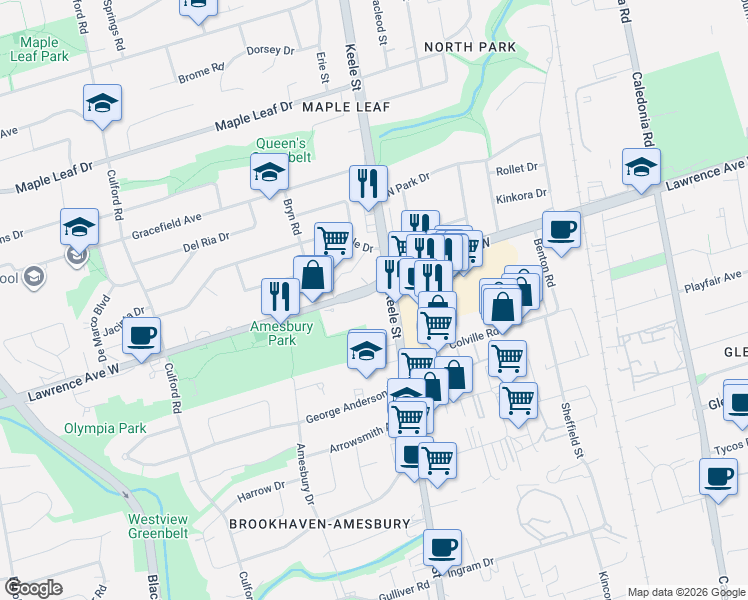 map of restaurants, bars, coffee shops, grocery stores, and more near 1415 Lawrence Avenue West in Toronto