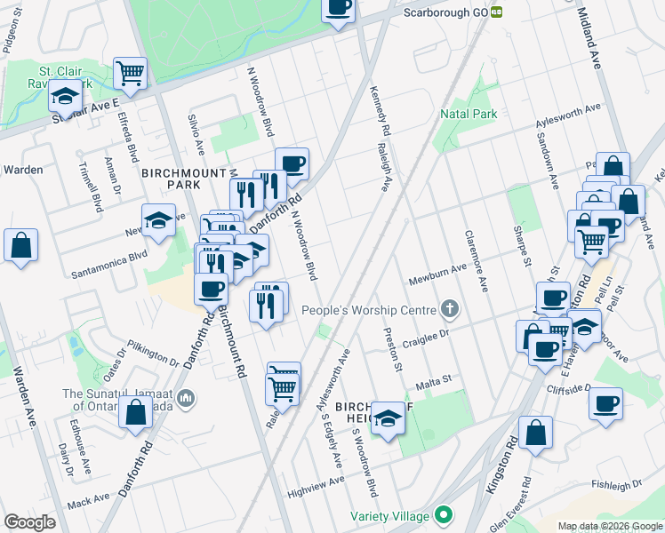 map of restaurants, bars, coffee shops, grocery stores, and more near 14 North Bonnington Avenue in Toronto