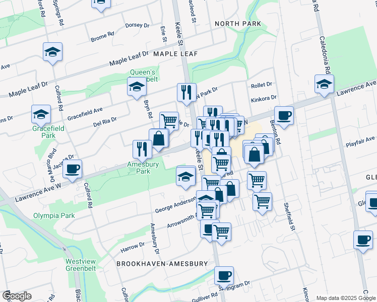 map of restaurants, bars, coffee shops, grocery stores, and more near 1415 Lawrence Avenue West in Toronto