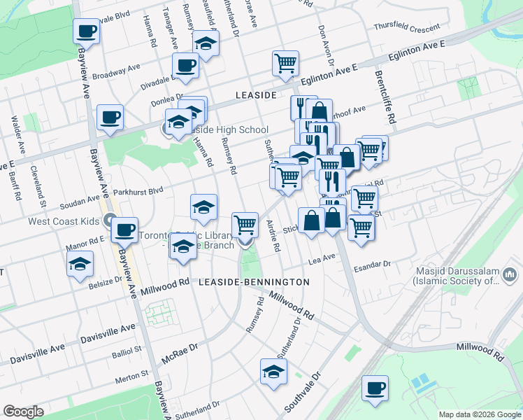 map of restaurants, bars, coffee shops, grocery stores, and more near 276 Airdrie Road in Toronto