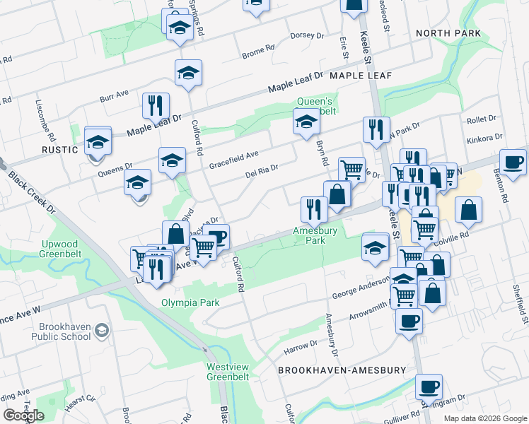 map of restaurants, bars, coffee shops, grocery stores, and more near 6 Manresa Lane in Toronto