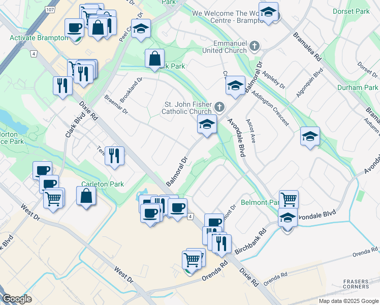 map of restaurants, bars, coffee shops, grocery stores, and more near 119 Balmoral Drive in Brampton