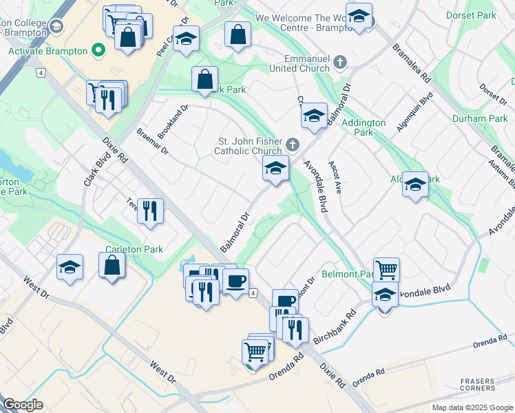 map of restaurants, bars, coffee shops, grocery stores, and more near 145 Balmoral Drive in Brampton