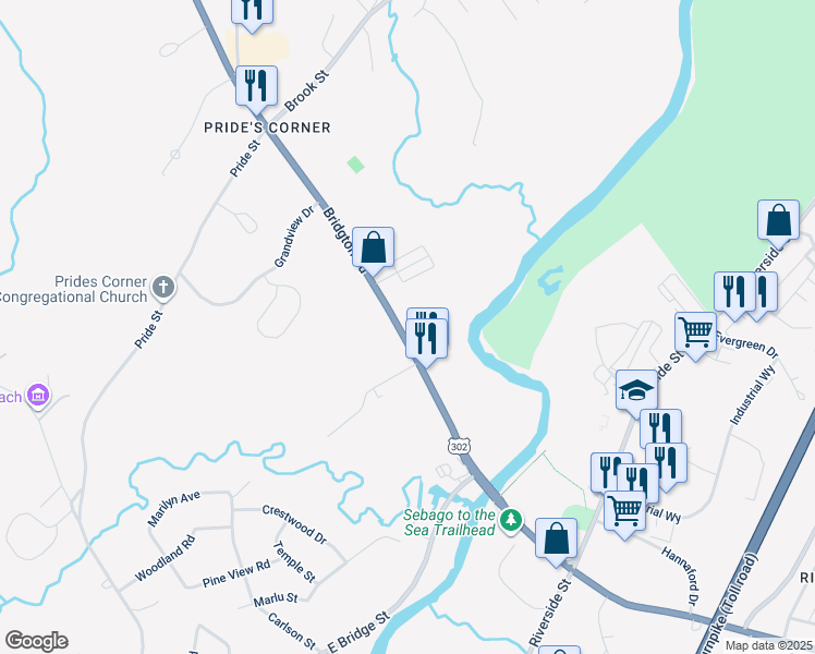 map of restaurants, bars, coffee shops, grocery stores, and more near 147 Bridgton Road in Westbrook