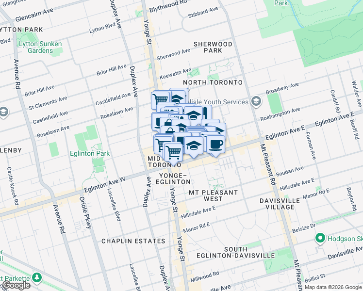 map of restaurants, bars, coffee shops, grocery stores, and more near 39 Roehampton Avenue in Toronto