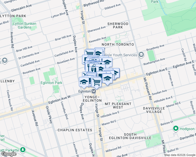 map of restaurants, bars, coffee shops, grocery stores, and more near 15 Roehampton Avenue in Toronto