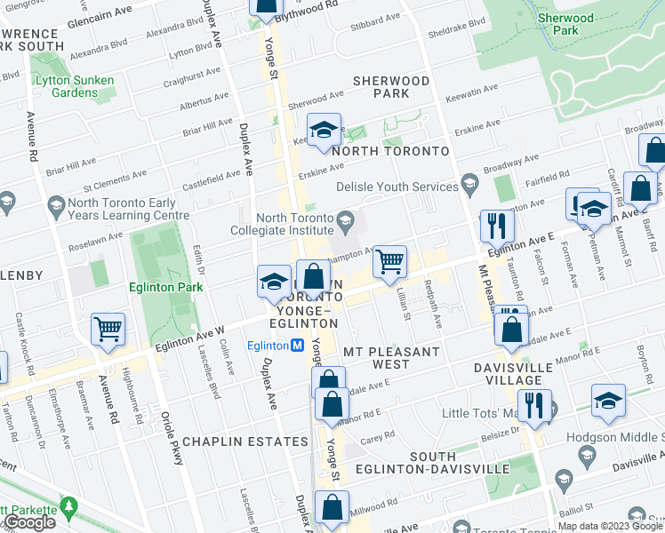map of restaurants, bars, coffee shops, grocery stores, and more near in Toronto