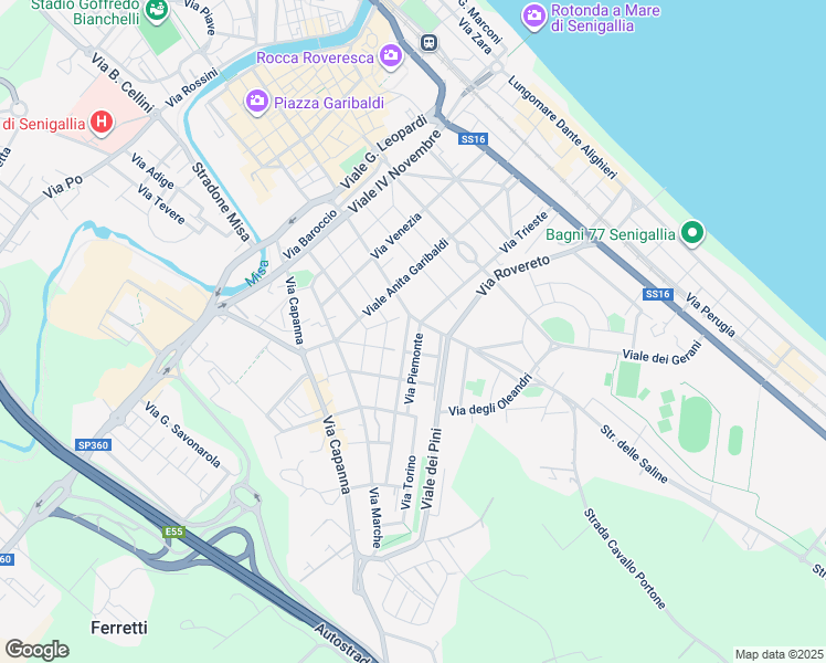 map of restaurants, bars, coffee shops, grocery stores, and more near 2 Via Trento in Senigallia