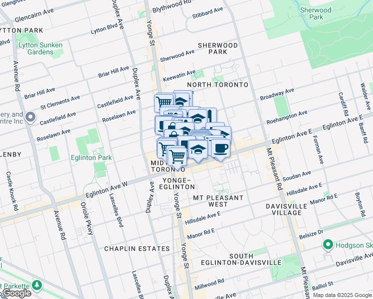 map of restaurants, bars, coffee shops, grocery stores, and more near 41 Roehampton Avenue in Toronto
