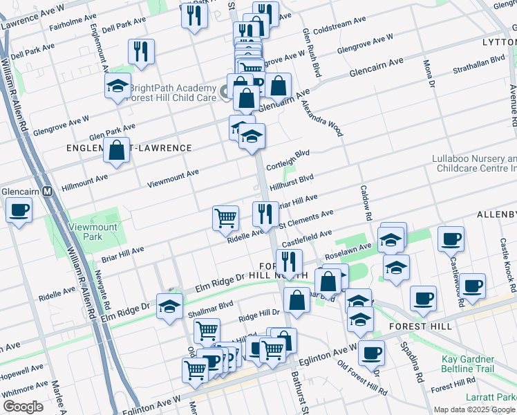 map of restaurants, bars, coffee shops, grocery stores, and more near 660 Briar Hill Avenue in Toronto