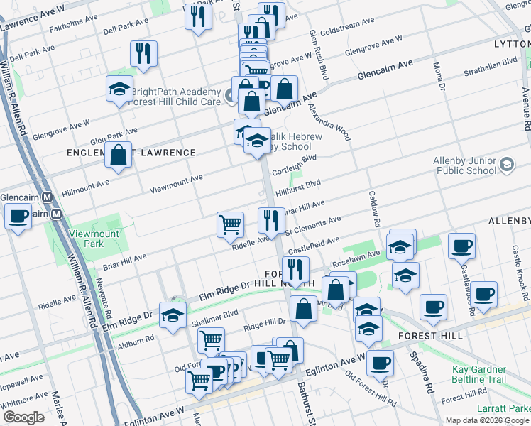 map of restaurants, bars, coffee shops, grocery stores, and more near 660 Briar Hill Avenue in Toronto