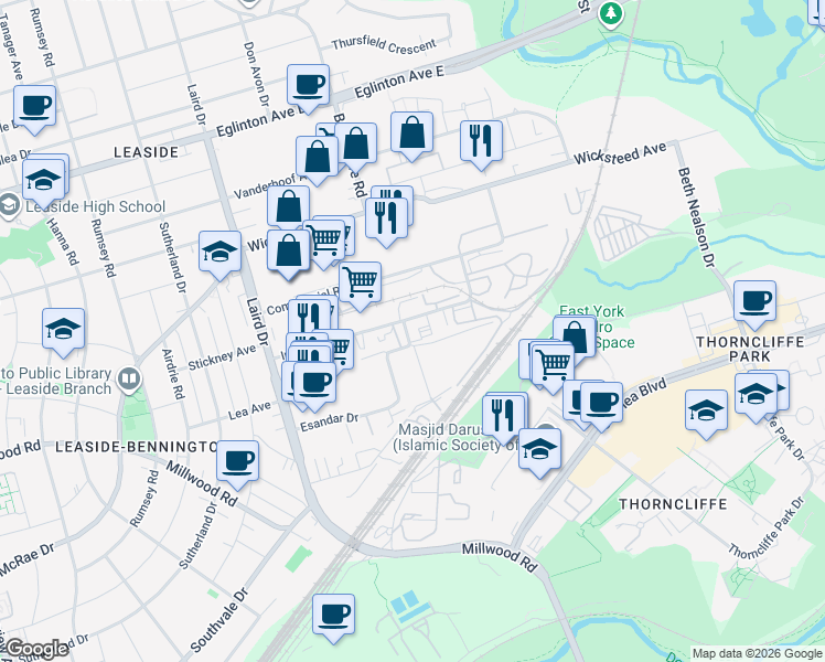 map of restaurants, bars, coffee shops, grocery stores, and more near 43D Industrial Street in Toronto