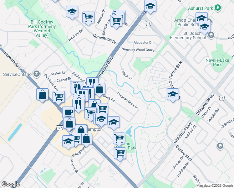 map of restaurants, bars, coffee shops, grocery stores, and more near 63 Pressed Brick Drive in Brampton
